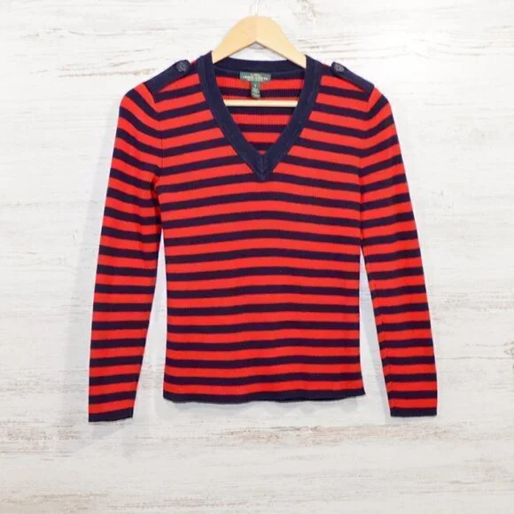 Lauren Jeans Co Red & Blue Striped V-neck Sweater - Picture 1 of 3